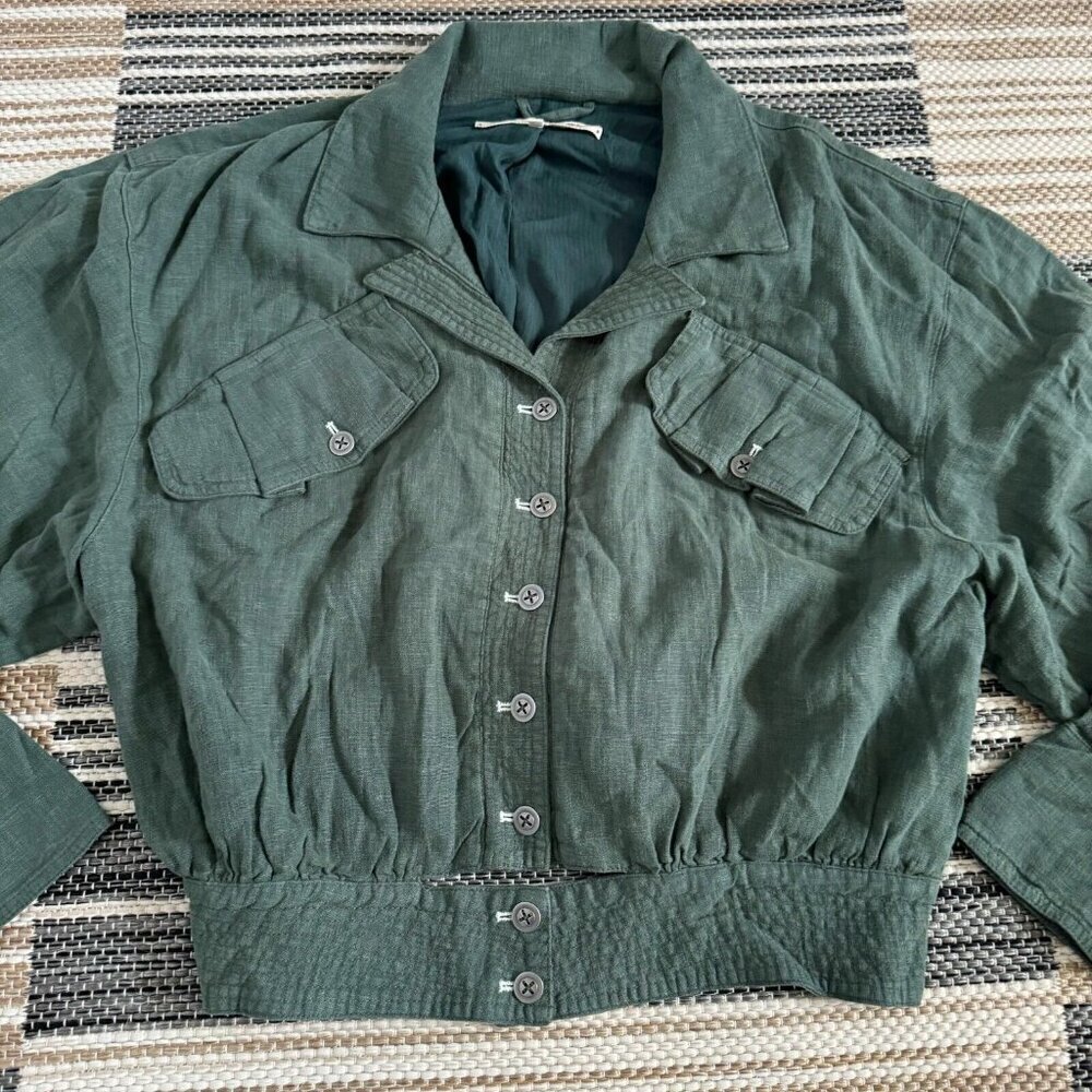 Free People Women's Billy Saddle Jacket Relaxed Cropped Linen Blend Green Small - Picture 6 of 15